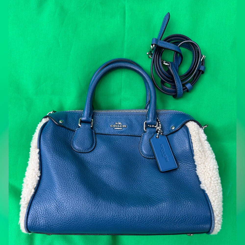 Coach Blue Pebbled Leather Shearling Trim Satchel
